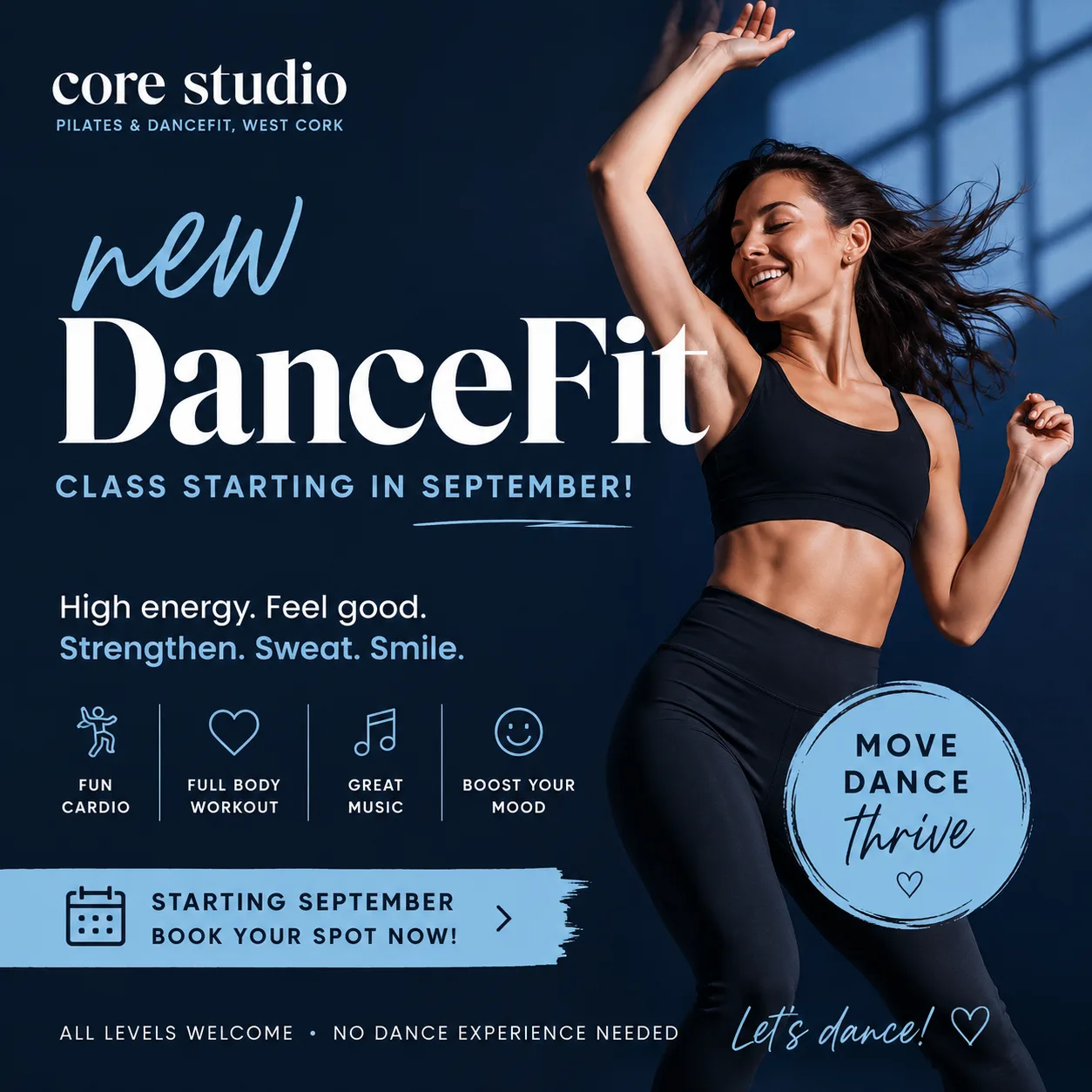 A navy Instagram poster with a photograph of a woman mid-dance, the headline 'new DanceFit' in a mix of script and serif type, a row of four icons, a badge reading 'move dance thrive', and a brush stroke behind the booking call to action.