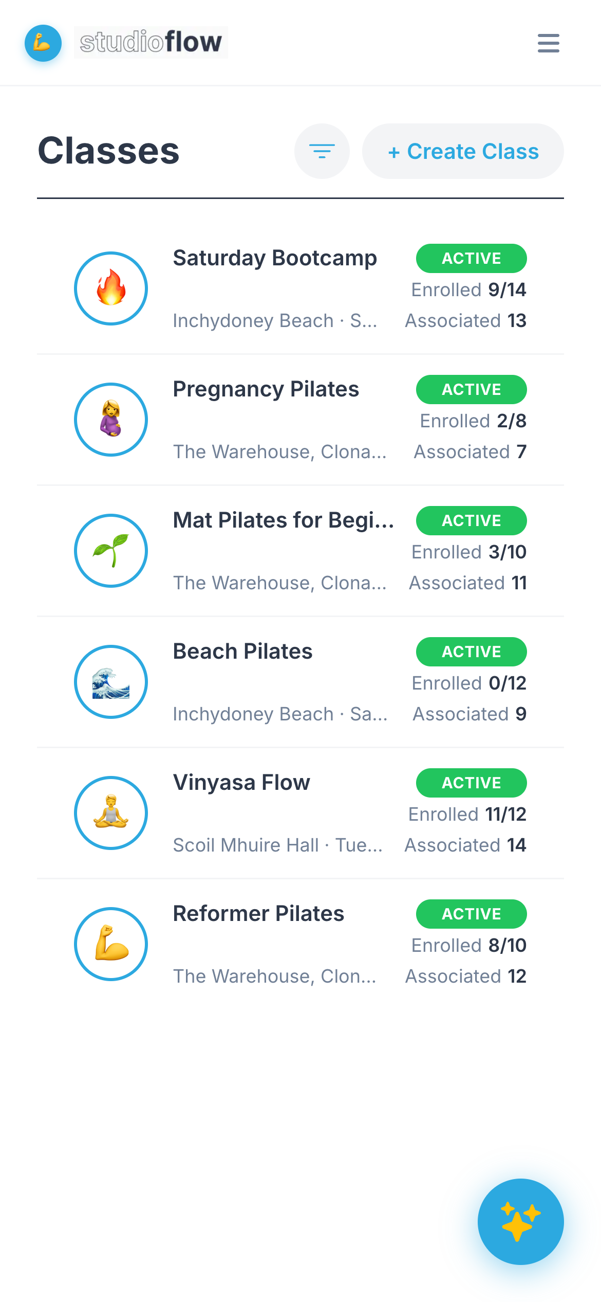 Your class list with the Create Class button