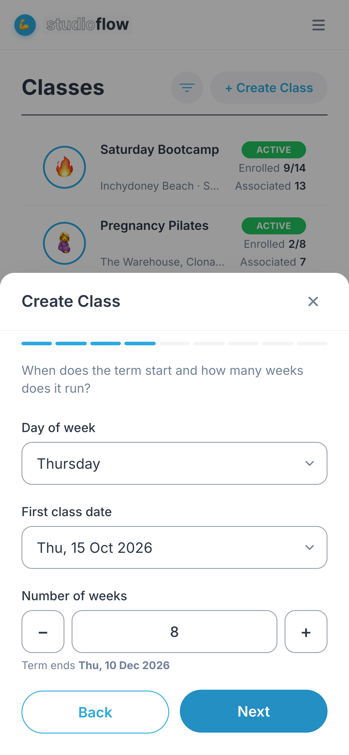 Choosing the day, first class date and number of weeks