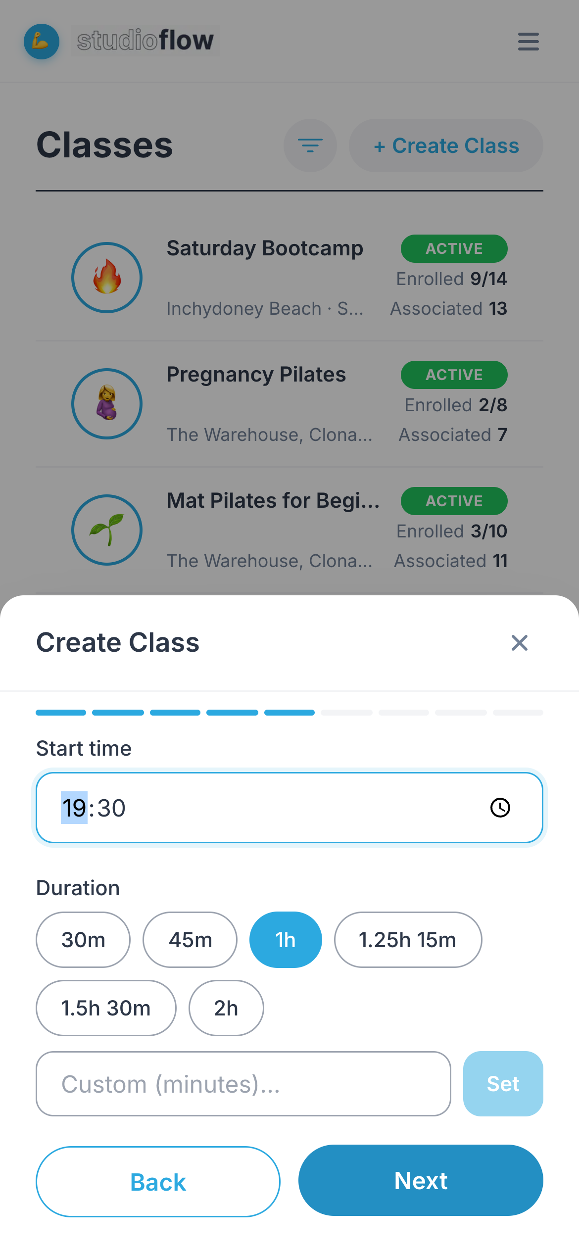 Setting the start time and duration