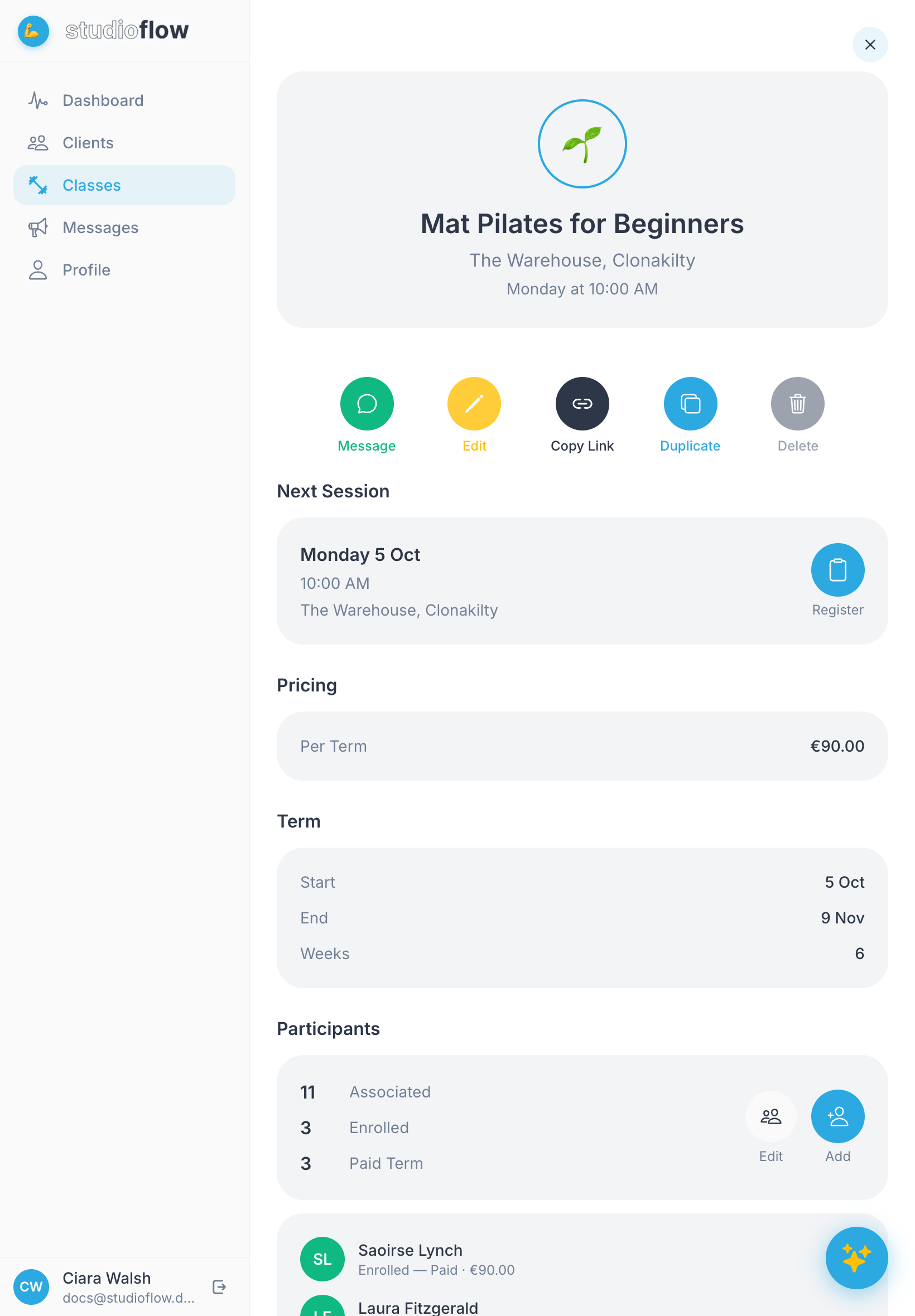 The class page with the Participants section