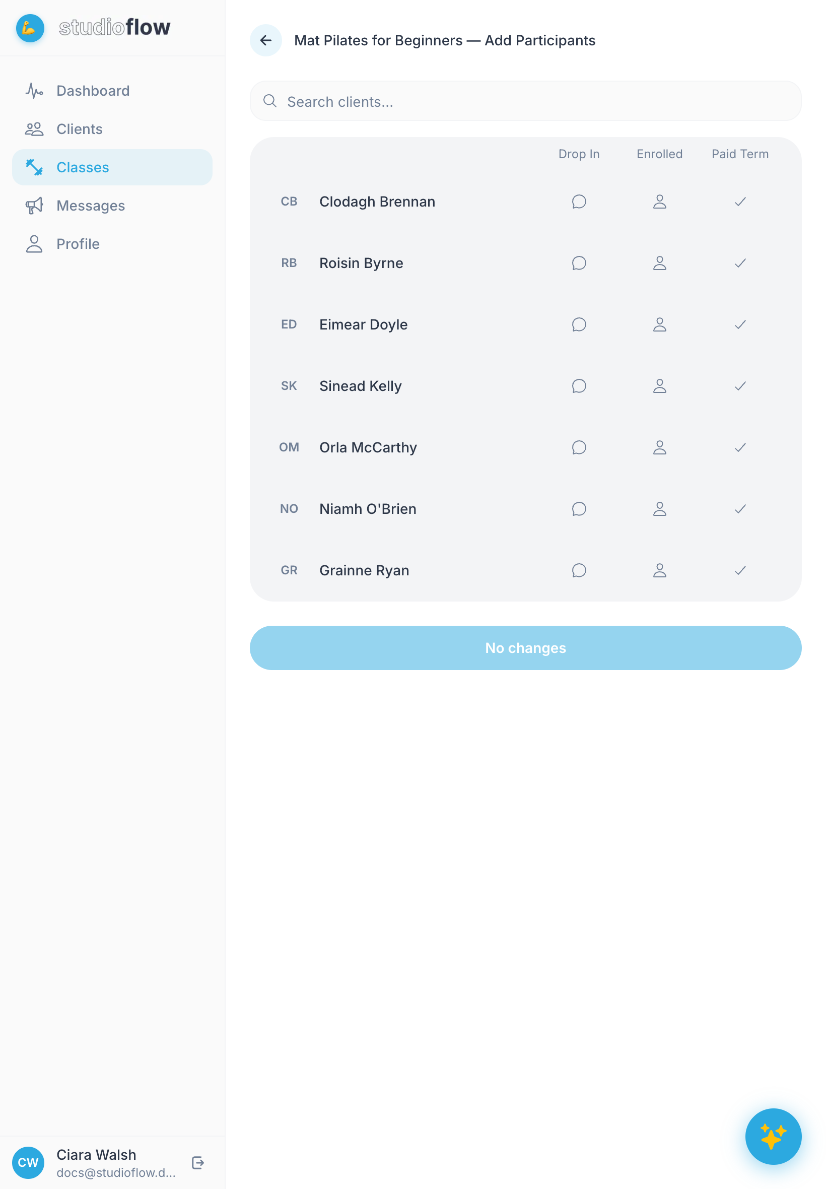 The Add Participants screen listing your clients