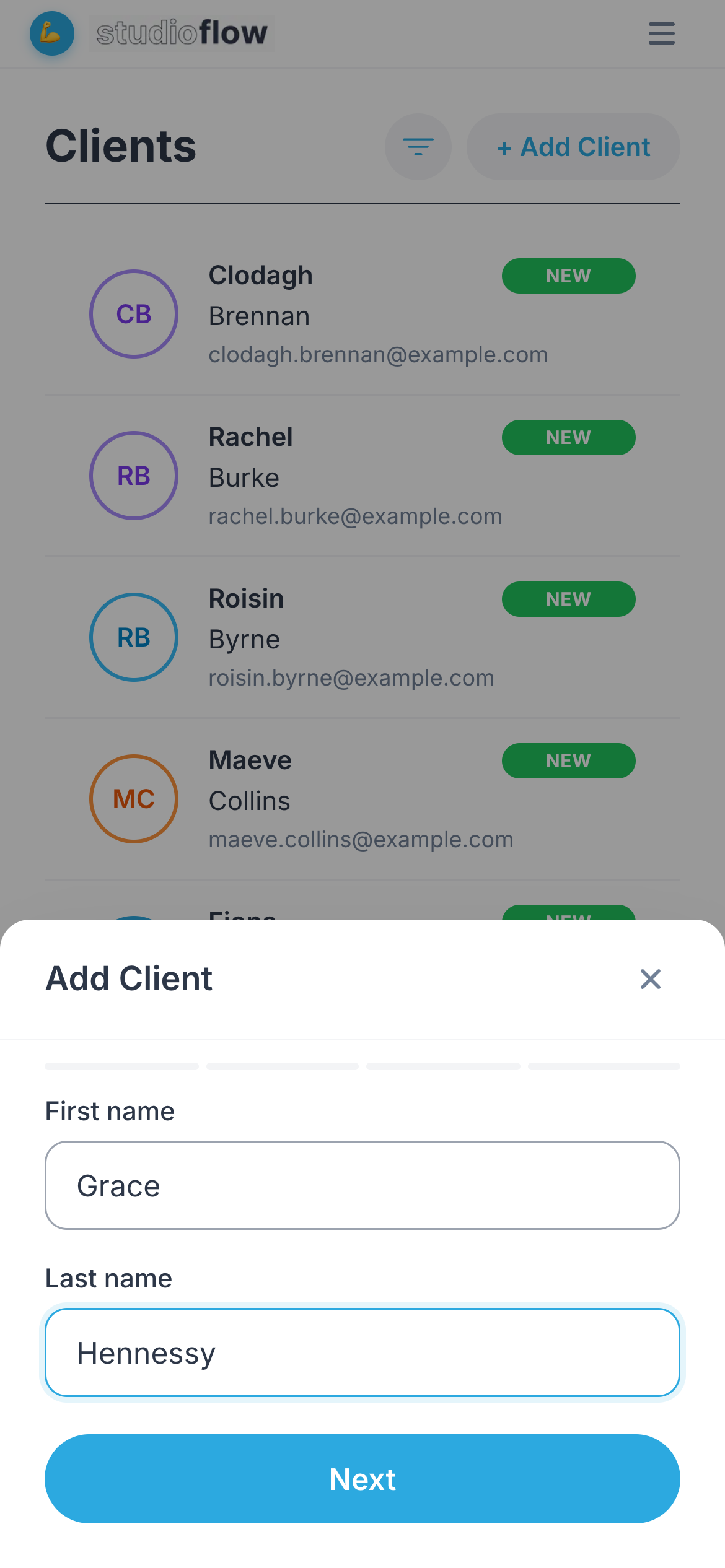 Entering the client's first and last name