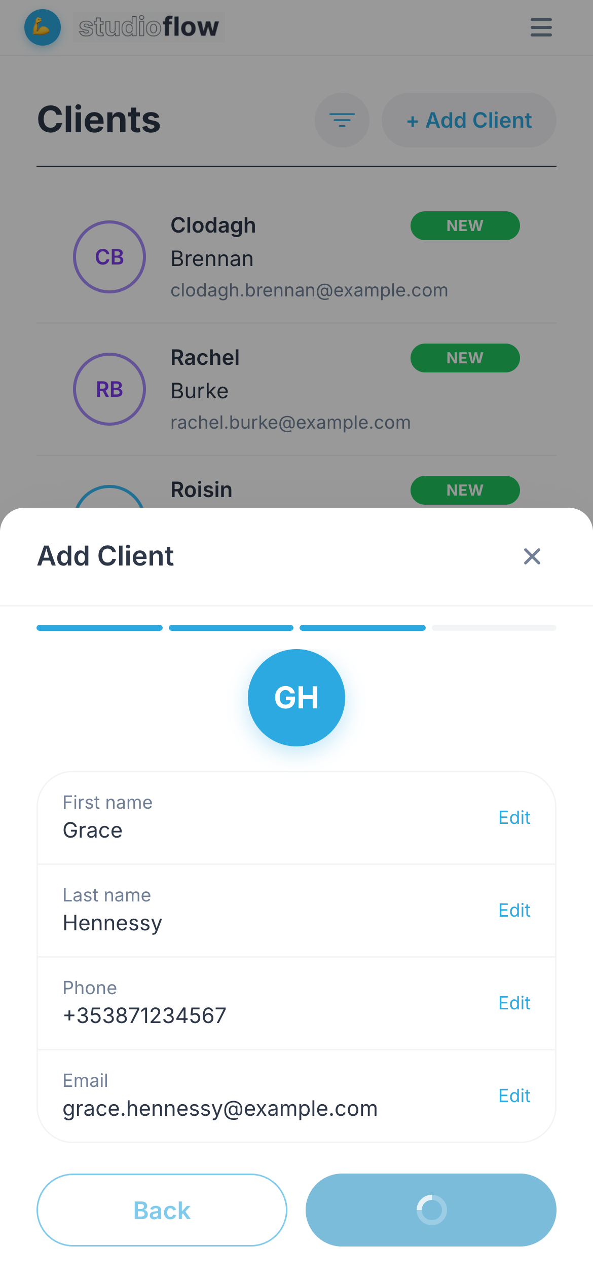 The new client in the client list