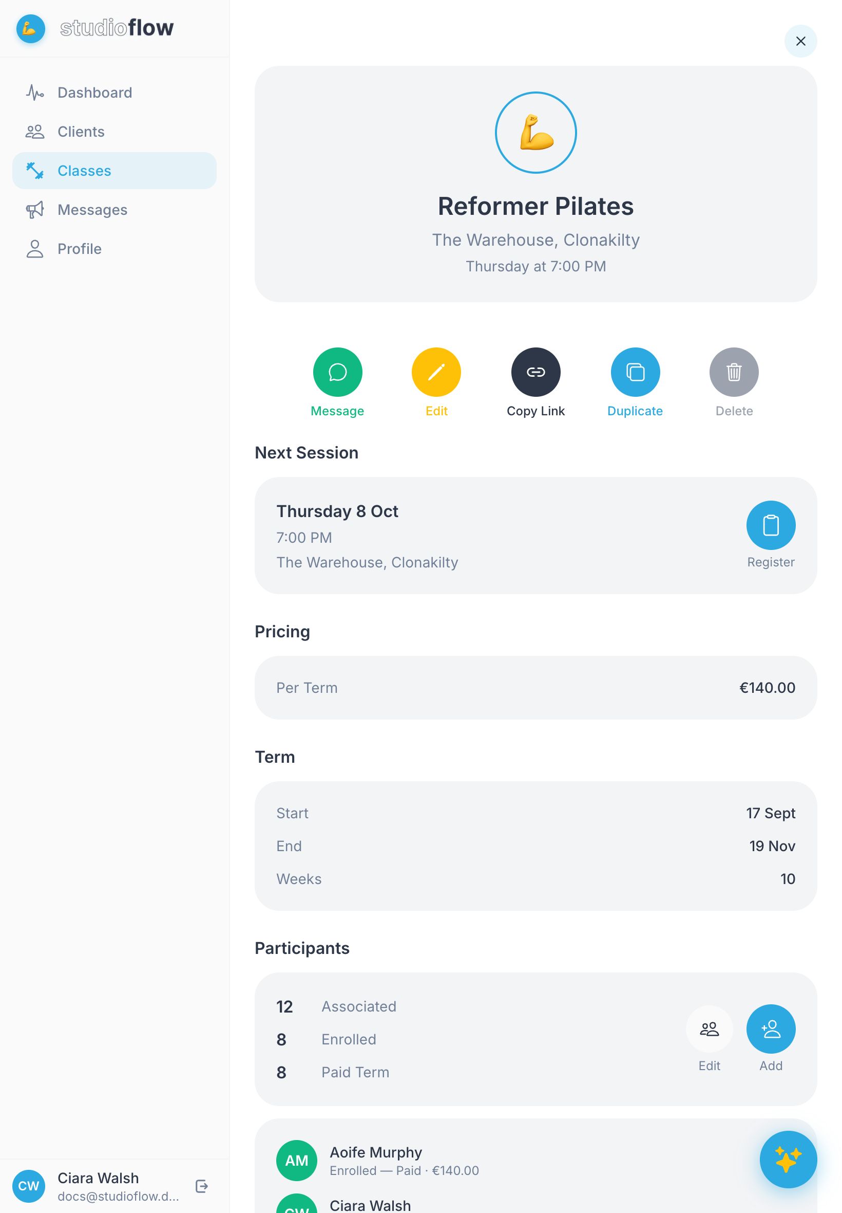 The class page with the Register button under Next Session